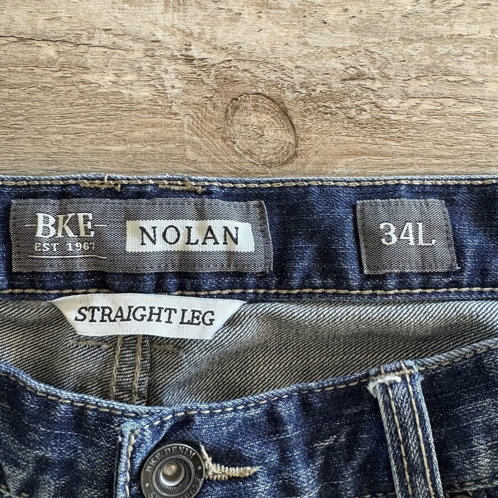 BKE Jeans Men 34L 34x34 Blue Nolan Straight Leg Distressed Whiskered Y2K Stretch - Picture 2 of 10